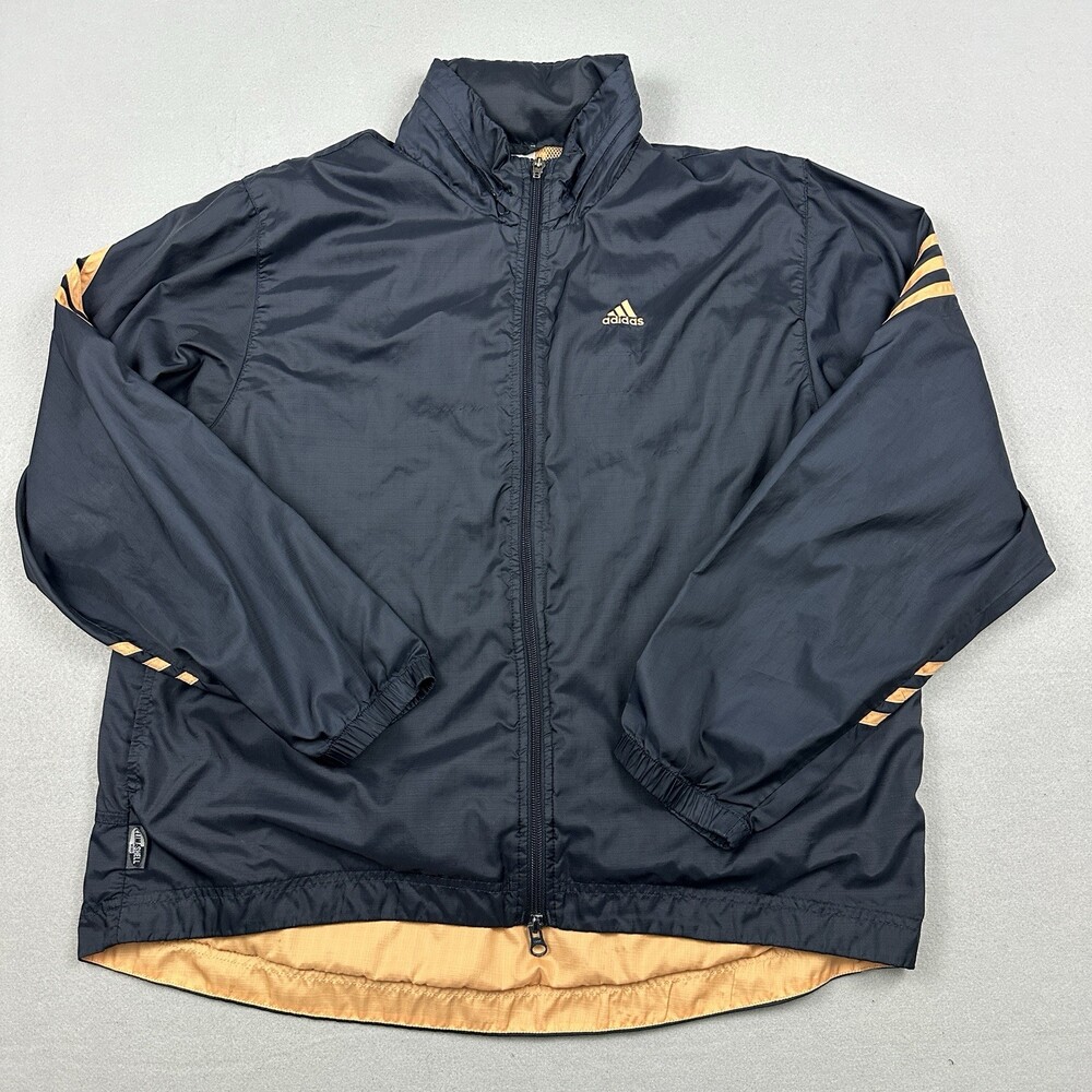 Vintage Adidas Jacket Men Large Blue Windbreaker Full Zip Packable Hood 90s L
